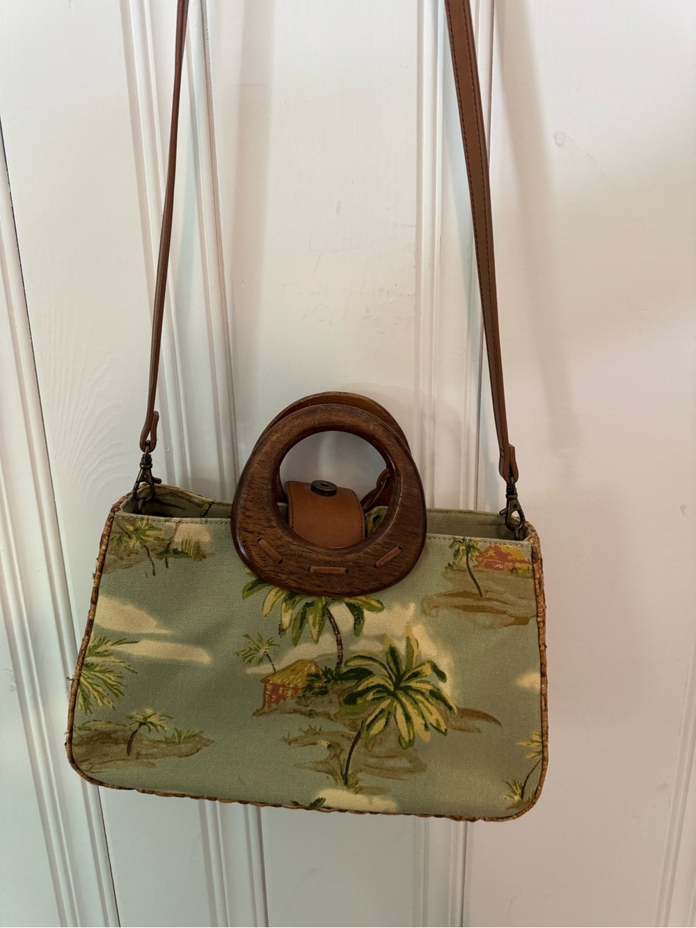 Fossil Tropical-Print Shoulder Bag with Wooden Ring Handles - Green & Brown